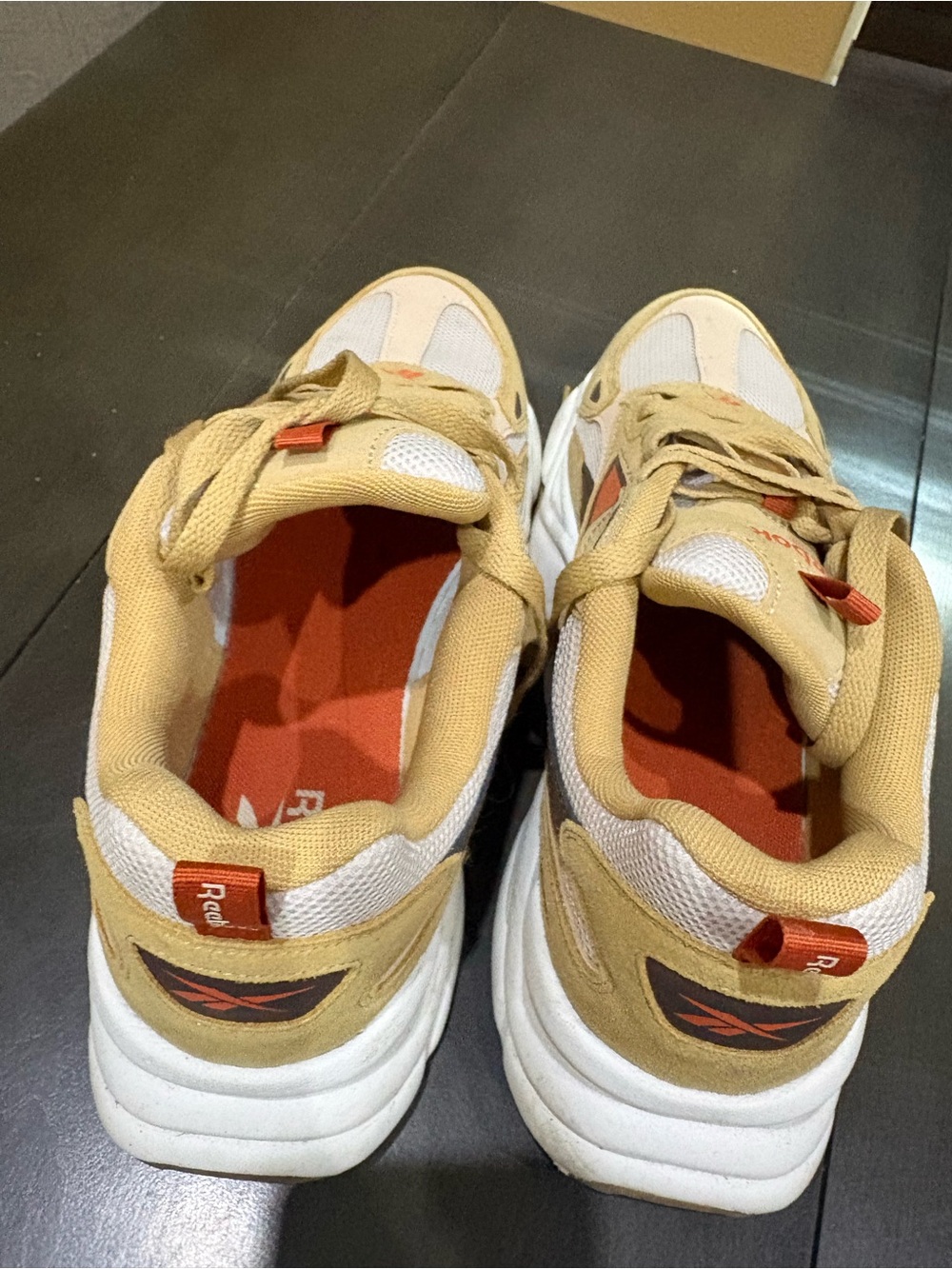 Reebok Men's Tan and White Sneakers with Orange Insole in size 12
